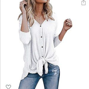 Waffle knit Henley tie blouse